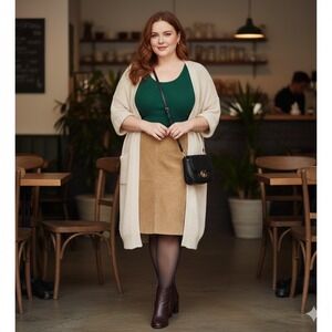 Vintage 90s AR Suede Leather Straight Skirt Women 14 Tan Brown Khaki Knee Length